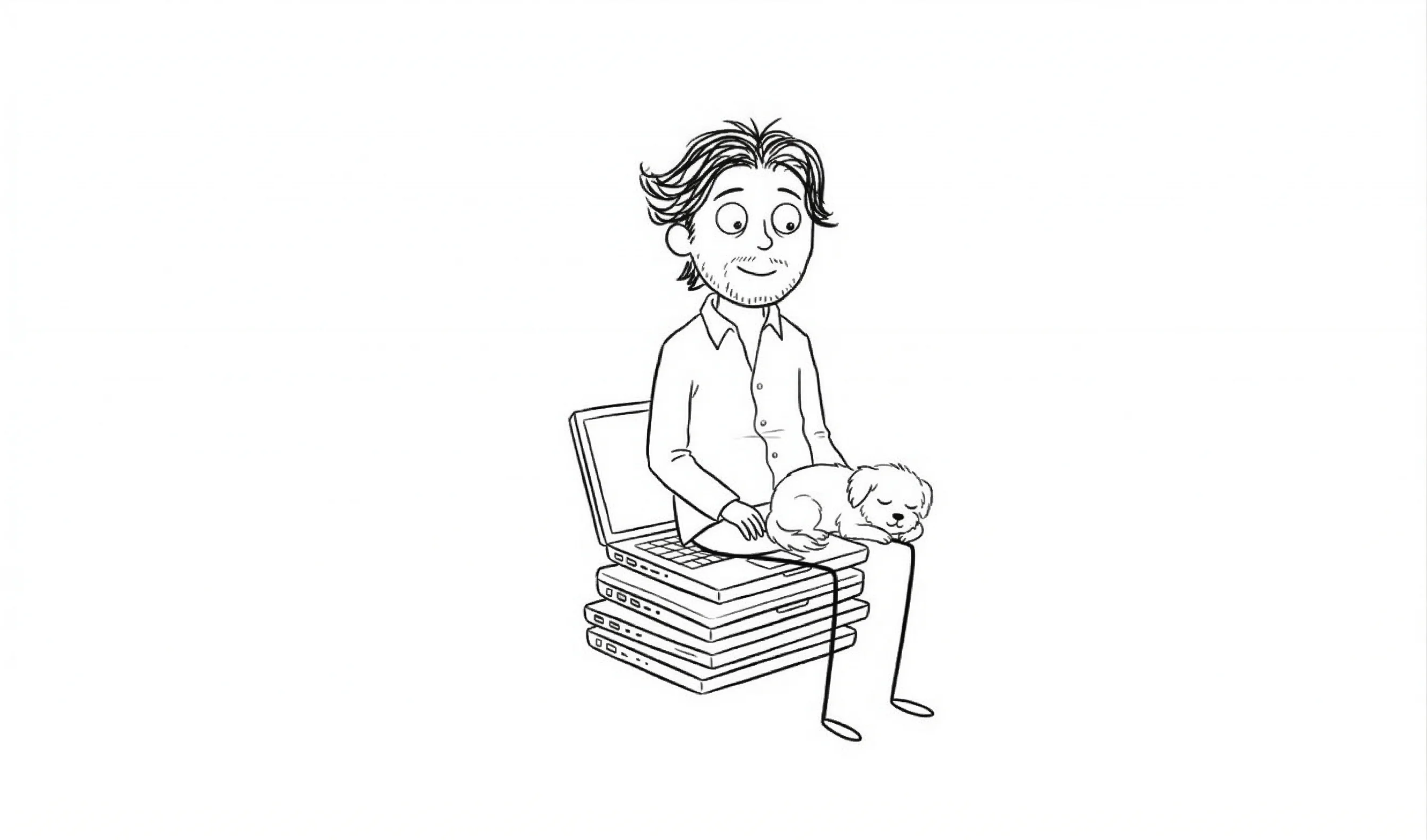 Cartoon illustration of Dee working at a desk