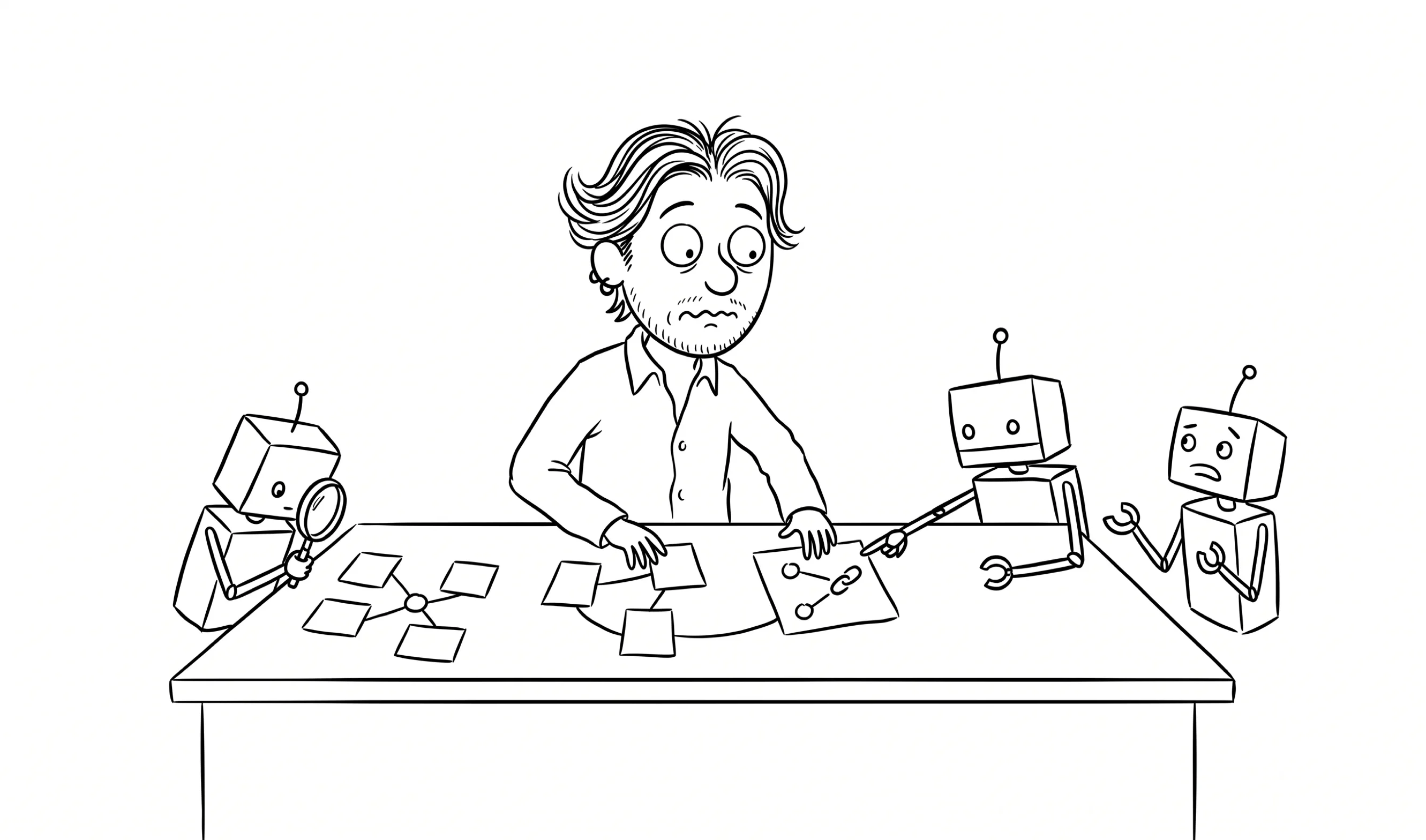 Hand-drawn cartoon of Dee pointing at an AI search visibility dashboard with a robot crawler, links, citations, and connected nodes.